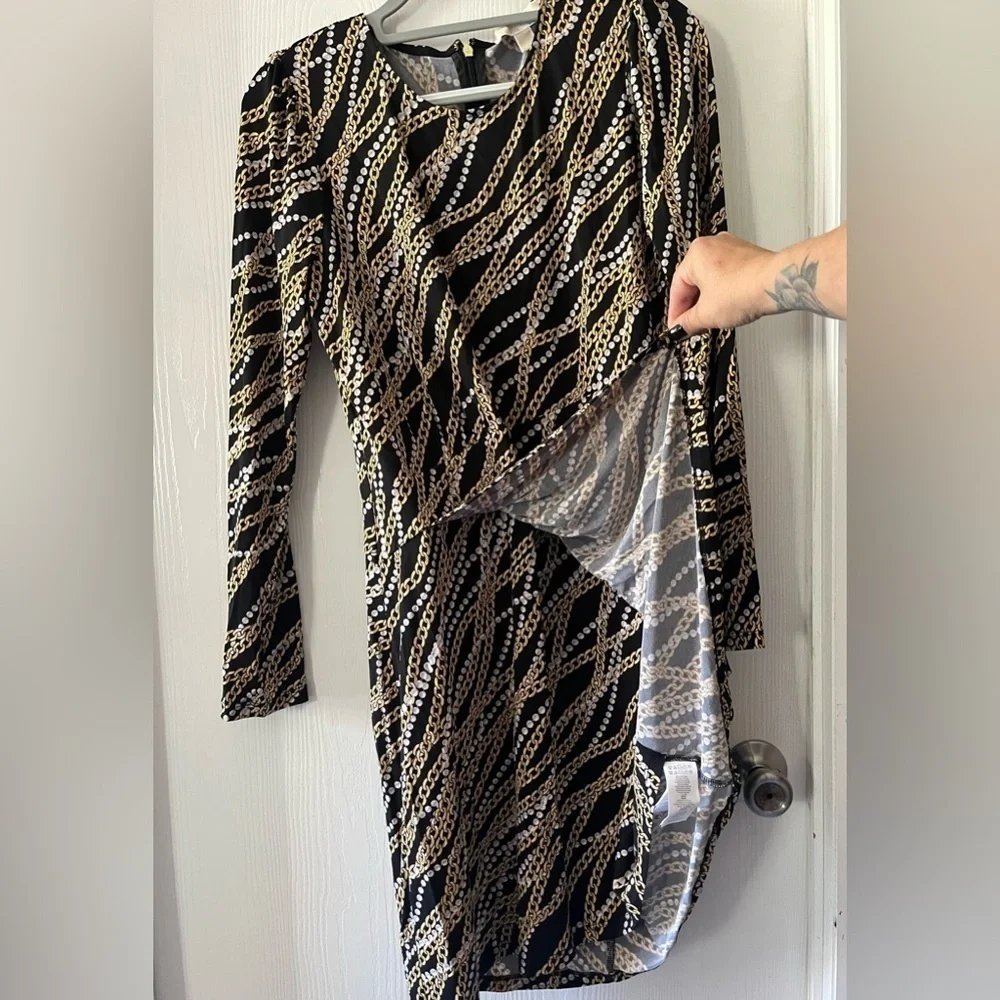 Michael Kors Black and Gold Chain Pattern Slinky Mini-Dress